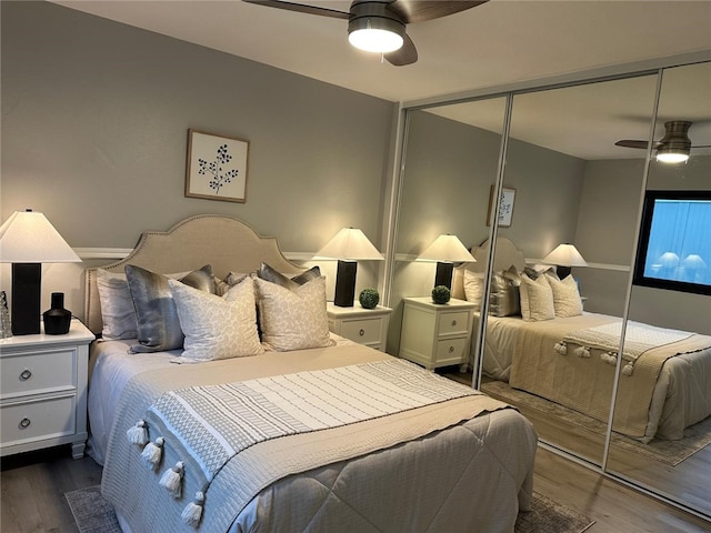 27130 Hidaway Ave Unit 6, Canyon Country, CA 91351 - bedroom with a closet, wood finished floors, and a ceiling fan