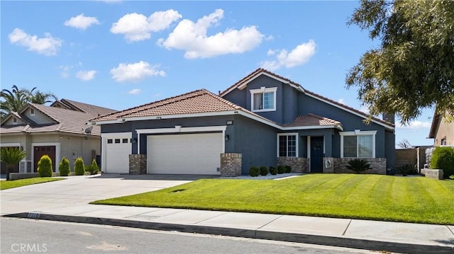 view of front of home featuring stucco siding, a front yard, a tile roof, an attached garage, and driveway