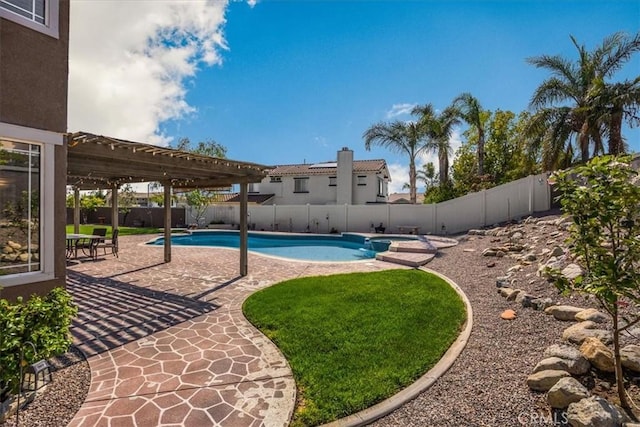 view of swimming pool featuring a fenced backyard, a pergola, a patio, and a fenced in pool