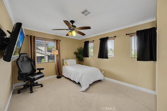 bedroom featuring baseboards, multiple windows, carpet flooring, and visible vents