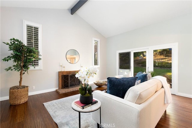 living room with high vaulted ceiling, a fireplace, dark wood finished floors, baseboards, and beam ceiling