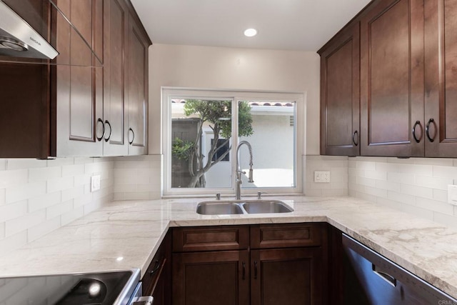 6462 Camino Del Parque, Carlsbad, CA 92011 - kitchen with dishwashing machine, ventilation hood, light stone counters, backsplash, and recessed lighting