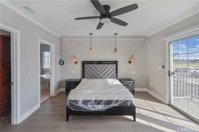bedroom with light wood-style floors, access to outside, baseboards, and ornamental molding