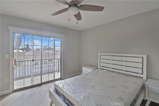 bedroom with access to outside, baseboards, and ceiling fan