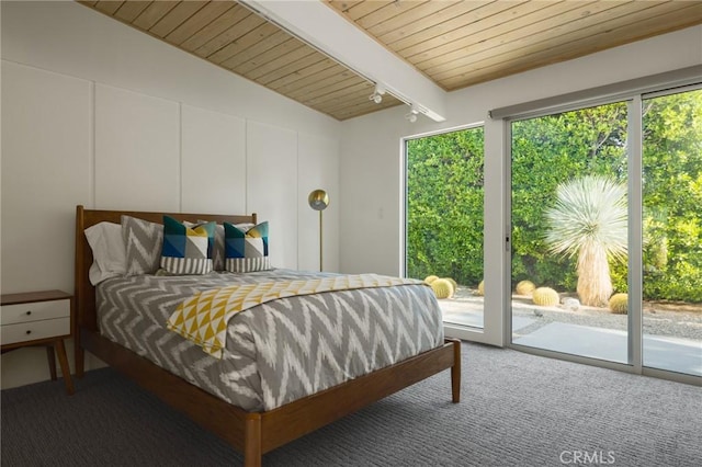 bedroom with lofted ceiling with beams, carpet, wood ceiling, and access to exterior