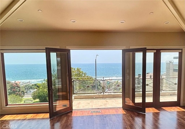 304 27th St, Manhattan Beach, CA 90266 - doorway to outside with a water view, french doors, wood finished floors, and recessed lighting