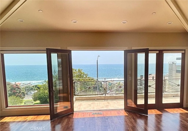 304 27th St, Manhattan Beach, CA 90266 - doorway to outside featuring a water view, french doors, wood finished floors, and recessed lighting
