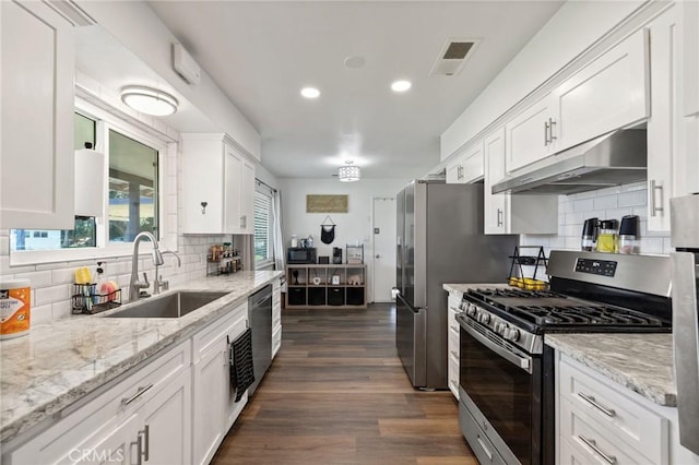 kitchen with visible vents, white cabinets, a sink, appliances with stainless steel finishes, and under cabinet range hood