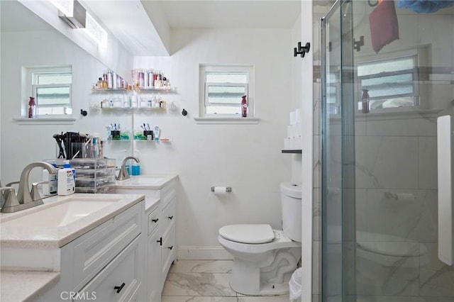 full bathroom featuring a shower stall, a healthy amount of sunlight, marble finish floor, and toilet