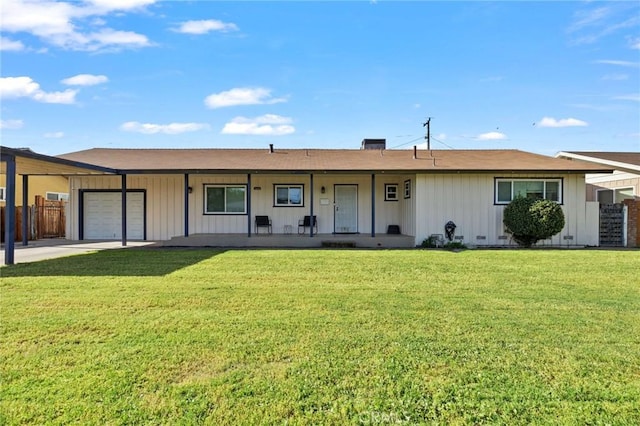single story home with board and batten siding, a front lawn, a garage, fence, and covered porch