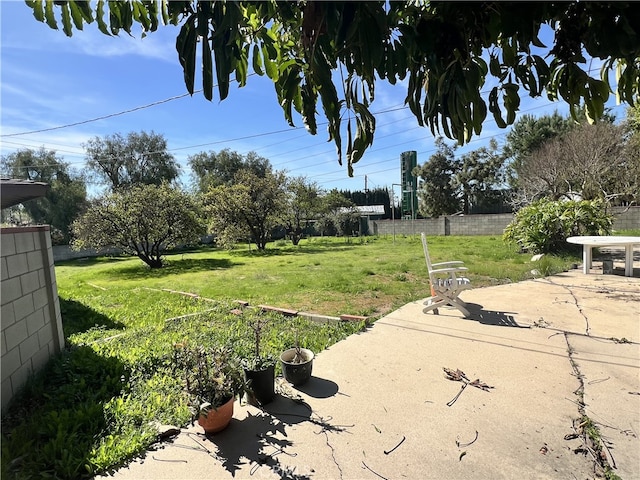 view of yard with fence and a patio area
