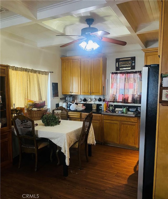 1329 W 3rd St, San Bernardino, CA 92410 - kitchen featuring ceiling fan, freestanding refrigerator, beamed ceiling, dark wood-type flooring, and coffered ceiling