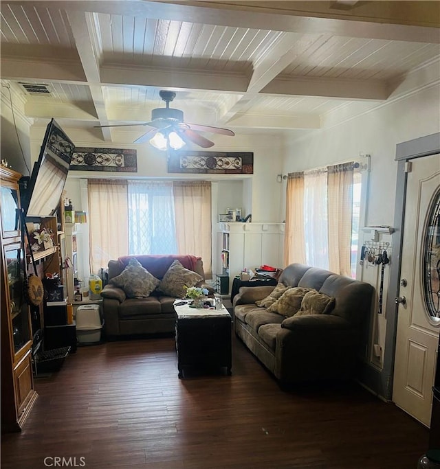 1329 W 3rd St, San Bernardino, CA 92410 - living area featuring a wealth of natural light, visible vents, beamed ceiling, and ceiling fan