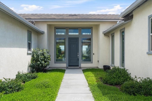 view of exterior entry with a lawn and stucco siding
