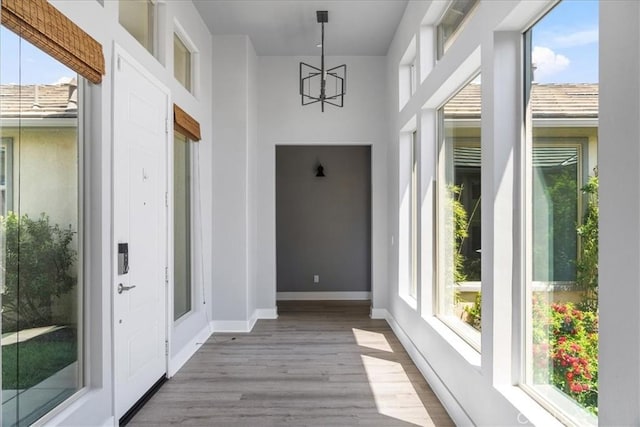 interior space featuring baseboards, plenty of natural light, wood finished floors, and a chandelier