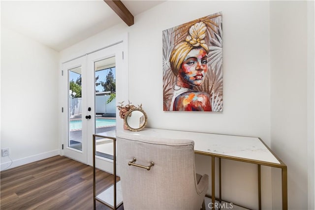 22838 Epsilon St, Woodland Hills, CA 91364 - doorway featuring wood finished floors, beam ceiling, and baseboards