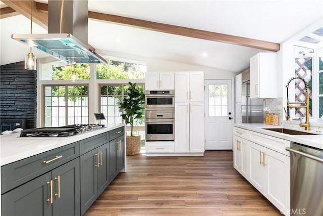 22838 Epsilon St, Woodland Hills, CA 91364 - kitchen with appliances with stainless steel finishes, island exhaust hood, a sink, and white cabinetry