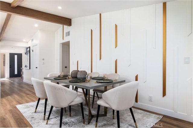 22838 Epsilon St, Woodland Hills, CA 91364 - dining area featuring wood finished floors, beamed ceiling, baseboards, and recessed lighting