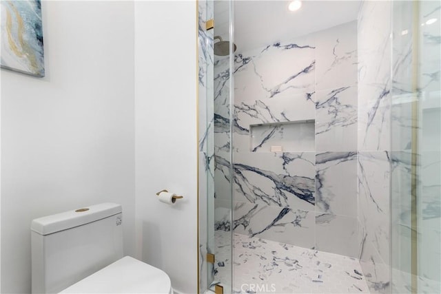 22838 Epsilon St, Woodland Hills, CA 91364 - bathroom featuring a marble finish shower, toilet, and recessed lighting