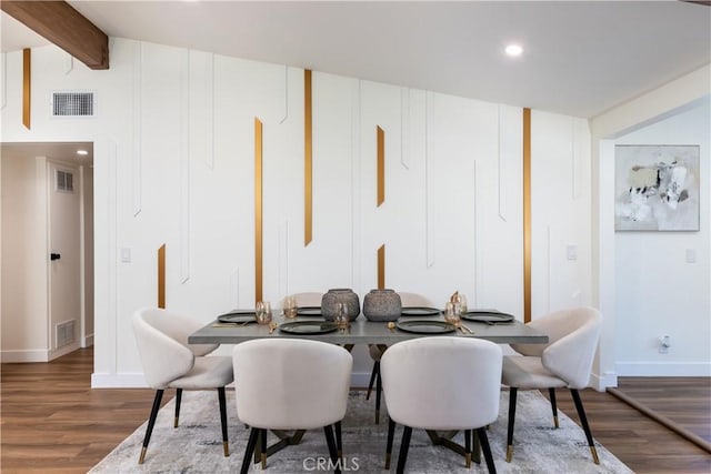 22838 Epsilon St, Woodland Hills, CA 91364 - dining space with wood finished floors, beamed ceiling, baseboards, and recessed lighting