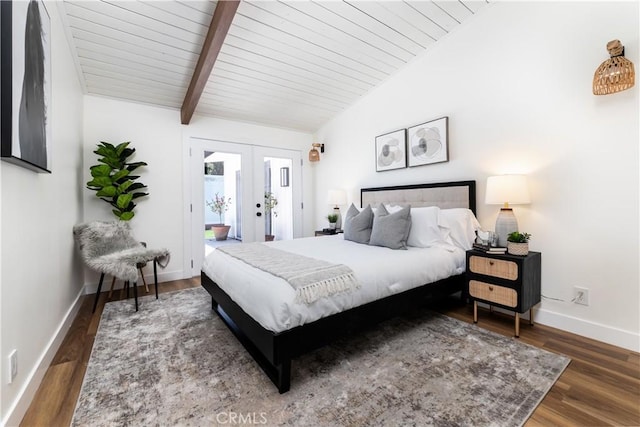 22838 Epsilon St, Woodland Hills, CA 91364 - bedroom featuring access to outside, baseboards, french doors, wood finished floors, and wooden ceiling