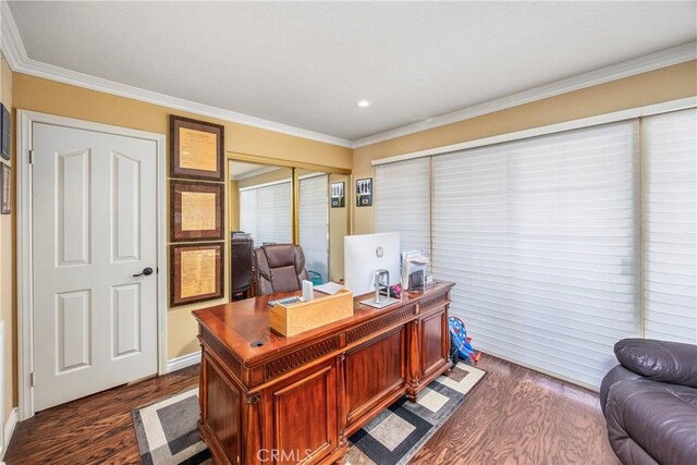 880 E 24th St, Upland, CA 91784 - office area with dark wood-type flooring, ornamental molding, recessed lighting, and baseboards