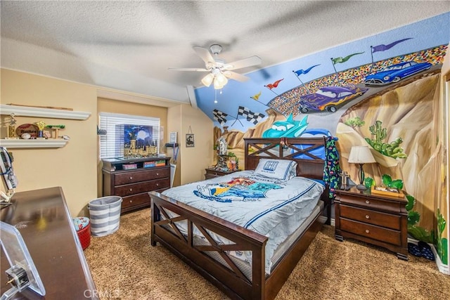 880 E 24th St, Upland, CA 91784 - carpeted bedroom with a textured ceiling, vaulted ceiling, and a ceiling fan