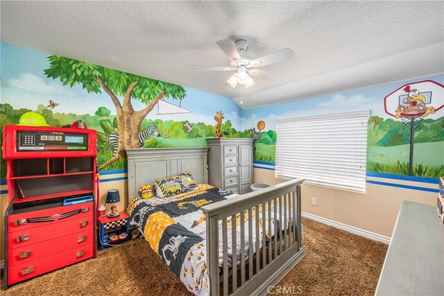 880 E 24th St, Upland, CA 91784 - bedroom featuring carpet floors, baseboards, a textured ceiling, and ceiling fan