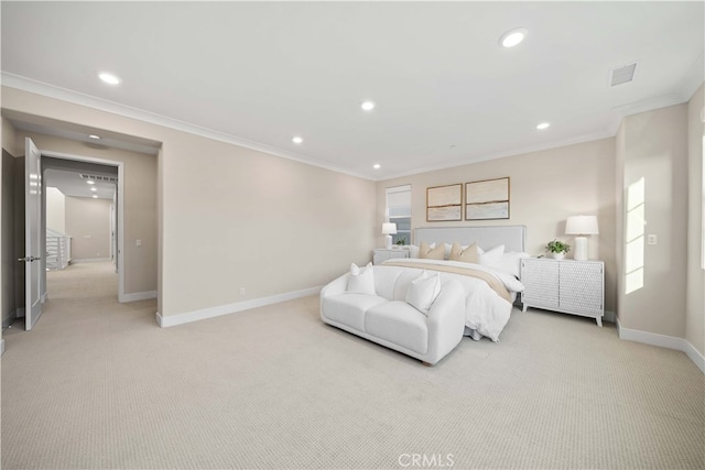 bedroom featuring ornamental molding, baseboards, recessed lighting, and light carpet