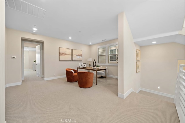 home office with light colored carpet, baseboards, visible vents, and recessed lighting