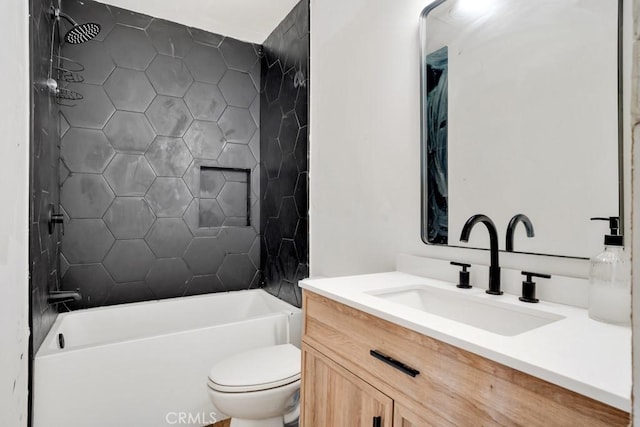 full bathroom with toilet, vanity, and tub / shower combination