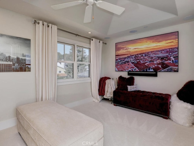 bedroom with carpet flooring, baseboards, and ceiling fan