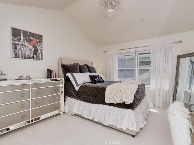 bedroom with light carpet and lofted ceiling