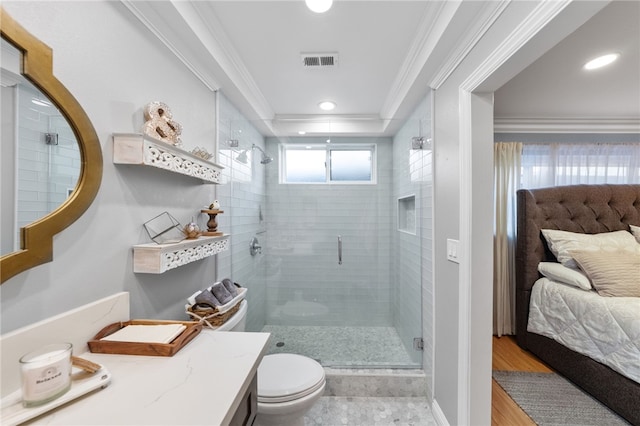ensuite bathroom with crown molding, visible vents, recessed lighting, toilet, and a stall shower
