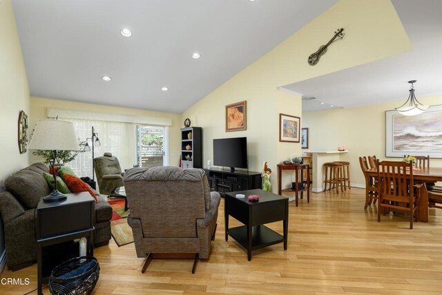28210 Village 28, Camarillo, CA 93012 - living room with light wood finished floors, high vaulted ceiling, baseboards, and recessed lighting