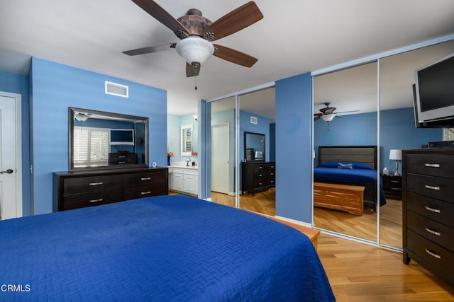 28210 Village 28, Camarillo, CA 93012 - bedroom with light wood finished floors, ceiling fan, visible vents, a sink, and multiple closets