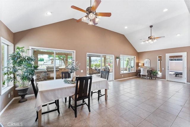 3344 Dales Dr, Norco, CA 92860 - dining space with high vaulted ceiling, a wealth of natural light, light tile patterned flooring, and ceiling fan