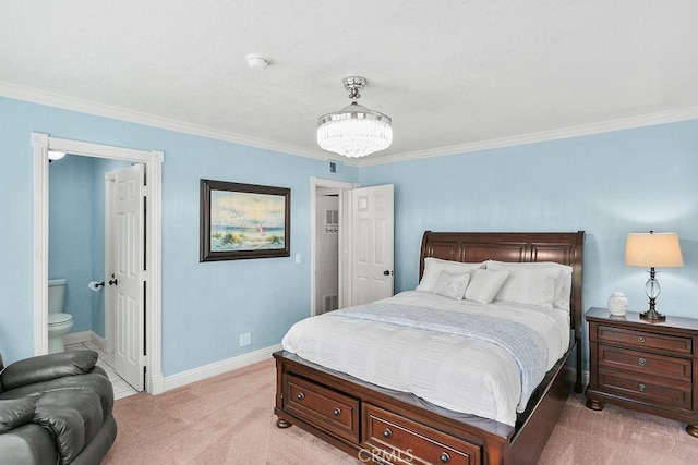 bedroom featuring crown molding, visible vents, baseboards, and light carpet