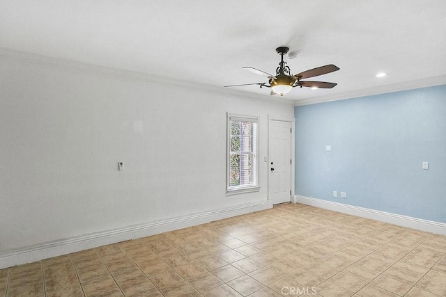 unfurnished room with a ceiling fan, baseboards, and ornamental molding