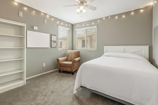 bedroom featuring ceiling fan, baseboards, and carpet