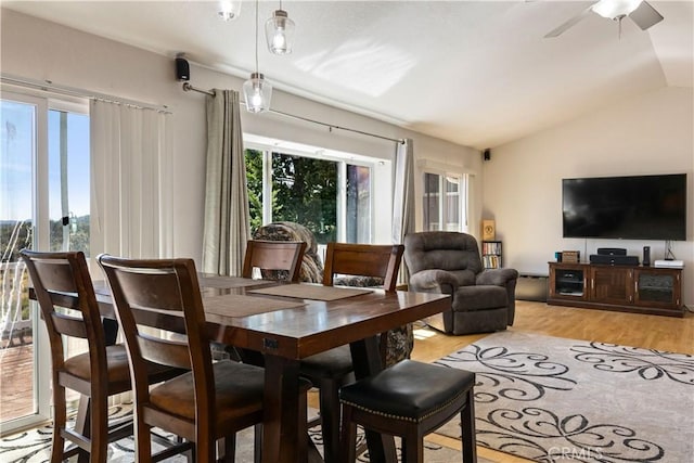 dining room featuring light wood-style floors, vaulted ceiling, and ceiling fan