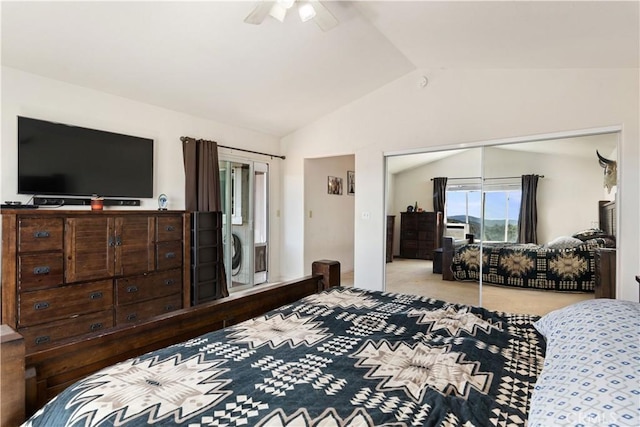 carpeted bedroom featuring a ceiling fan and lofted ceiling