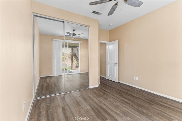 17938 Caraway Ct, San Bernardino, CA 92407 - unfurnished bedroom with visible vents, baseboards, a closet, a ceiling fan, and wood finished floors