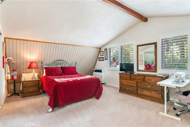 bedroom featuring carpet floors and lofted ceiling with beams