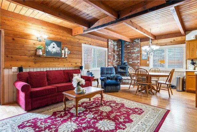 living area with wood walls, wooden ceiling, a wealth of natural light, and a wood stove