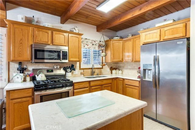 kitchen with a sink, appliances with stainless steel finishes, wooden ceiling, and light countertops