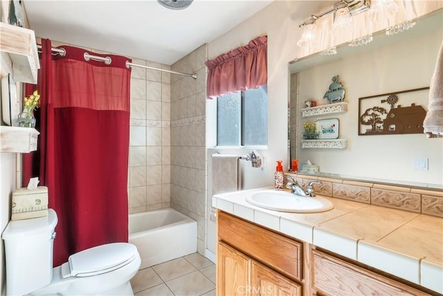 full bath featuring vanity, tile patterned flooring, shower / bath combo with shower curtain, and toilet