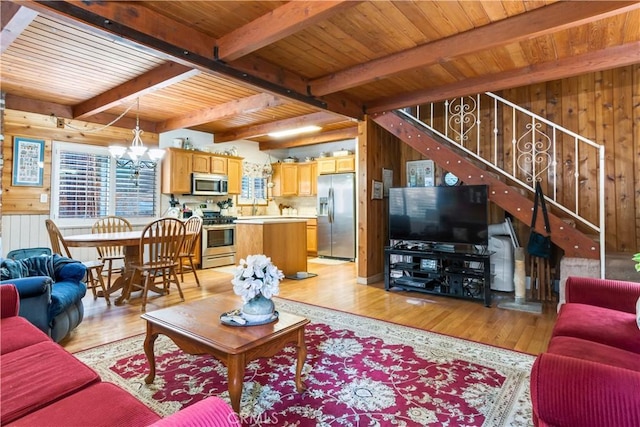 living area featuring wooden walls, a notable chandelier, light wood finished floors, stairs, and wood ceiling