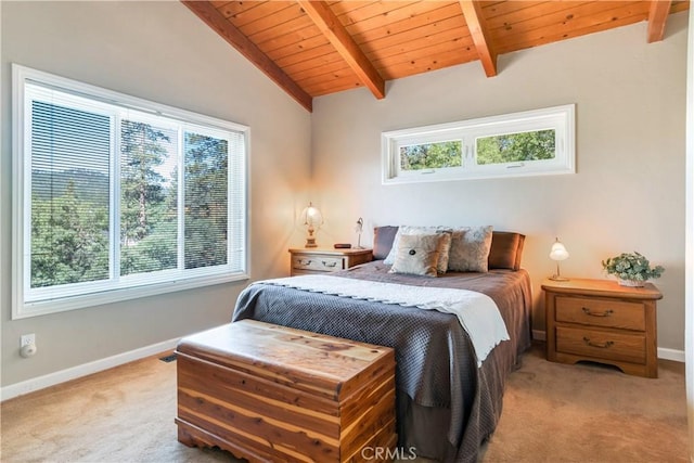 bedroom with light colored carpet, lofted ceiling with beams, baseboards, and wood ceiling
