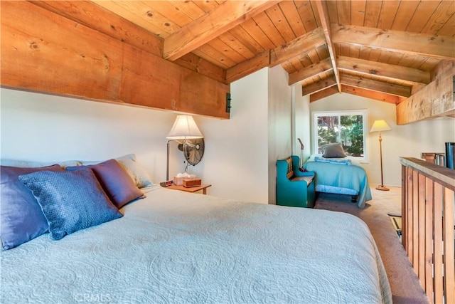 carpeted bedroom with wood ceiling and lofted ceiling with beams
